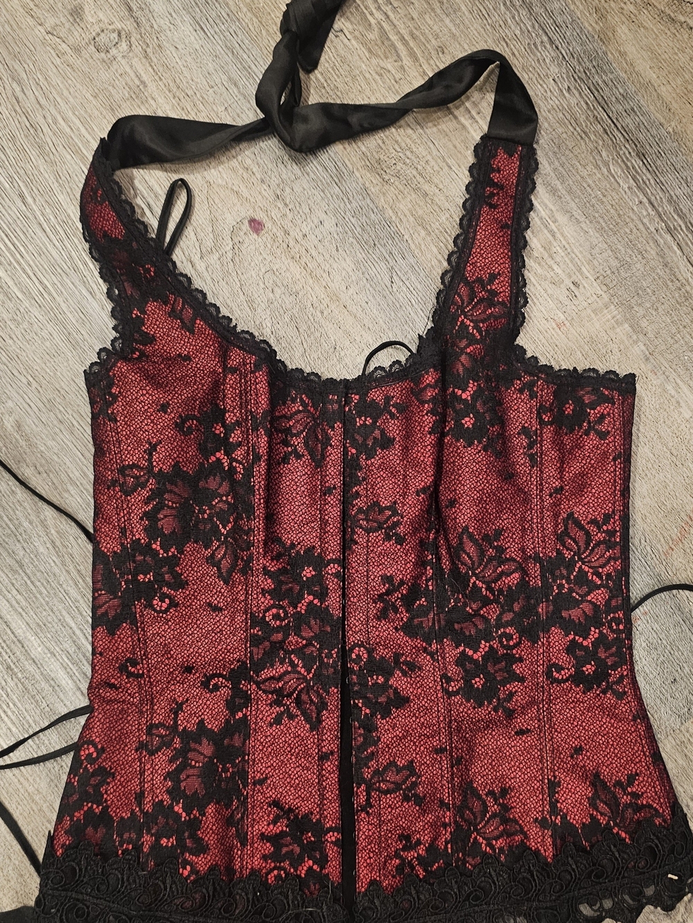 Frederick's of Hollywood Red and Black Lace Halter Corset Camisole